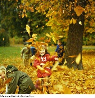 Kinder toben im Herbstlaub