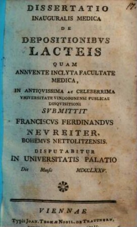 Dissertatio Inauguralis Medica De Depositionibus Lacteis