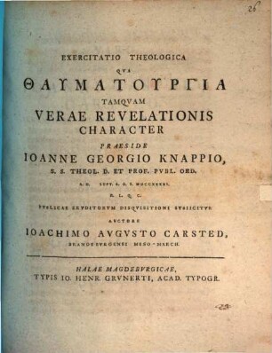 Exercitatio theol. qua thaumaturgia tanquam verae revelationis character