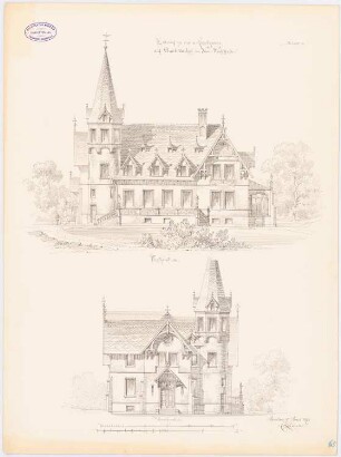 Landgut Treutler, Neu-Weißstein Landhaus: Aufriss Westseite, Nordseite 1:100, 2 Maßstabsleisten