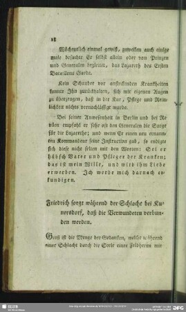 Friedrich sorgt während der Schlacht bei Kunersdorf, daß die Verwundeten verbunden werden