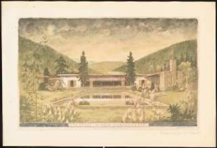 Landhaus, Nyon (Haus Schwebes, zahlreiche Varianten): Perspektivische Ansicht (Gartenseite, Sommer, Flachdach mit Dachüberhang)