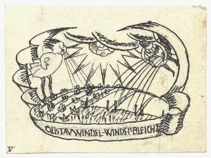 Exlibrisstudie für Gustav Windel : Darstellung eines Feldes mit kleinen Pflanzen und Personifizierungen von Wind, Sonne und Regen, Namenszug unterhalb der Szene