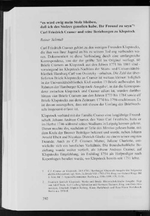 "es wird ewig mein Stolz bleiben, daß ich des Stolzes genoßen habe, Ihr Freund zu seyn" : Carl Friedrich Cramer und seine Beziehung zu Klopstock