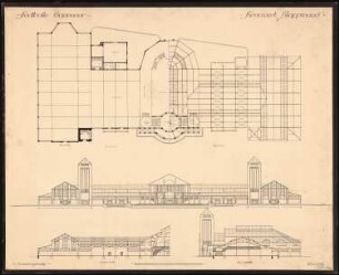 Stadthalle und Ausstellungshalle, Hannover: Ausstellungshalle: Grundriss, Ansicht, Aufsicht, Querschnitt, Längsschnitt 1:200