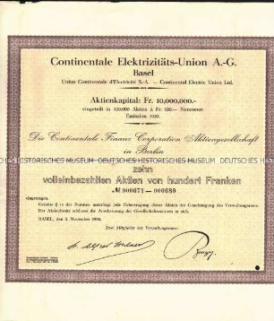 Namenssammelaktie der Continentale Elektrizitäts-Union A.-G. Basel über je 10 Aktien zu 100 Schweizer Franken