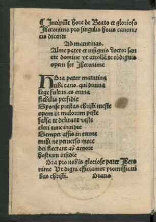 Incipiunt hore de Beato et glorioso Iheronimo pro singulis horis canonicis dicende