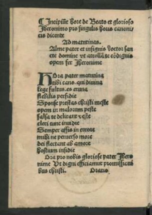 Incipiunt hore de Beato et glorioso Iheronimo pro singulis horis canonicis dicende