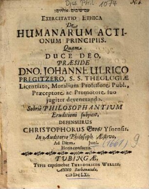 Exercitatio Ethica De Humanarum Actionum Principiis