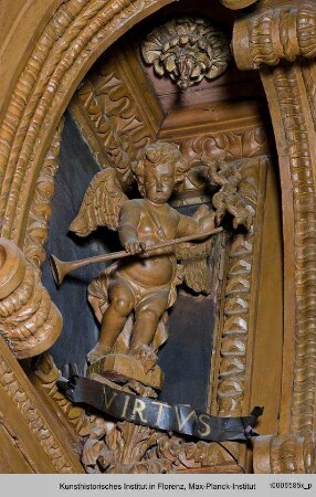 Putti als Allegorien der vier Elemente : Putto mit Fanfare und Blitzbündel