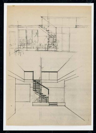 Villa des Architekten Erbacher Straße 7a, Berlin-Grunewald Aufstockungsentwürfe: Treppe, Ansicht und Schnitt