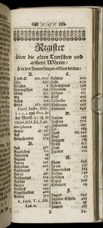 Register über die alten Teutschen und andere Wörter/ so in den Anmerckungen erkläret werden.