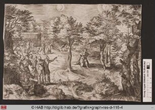 Alexander der Große, gefolgt von seinem Heer, bringt der Sonne, dem Mond und der Erde ein Opfer dar.