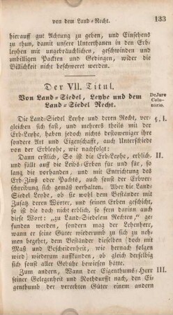 Der VII. Titul. Von Land-Siedel, Leyhe und dem Land-Siedel Recht.