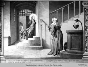 Die heilige Katharina von Siena schwebt eine Treppe ihres elterlichen Hauses empor - Die hl. Katharina schwebt die Treppe des elterl. Hauses empor