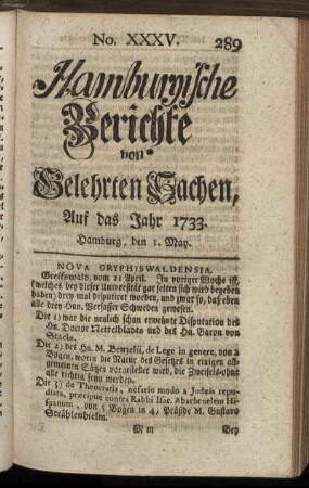 No. XXXV. Hamburg, den 1. May 1733. - No. XLIII. Hamburg, den 29. May 1733.