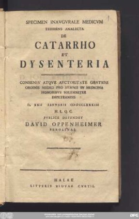 Specimen Inavgvrale Medicvm Exhibens Analecta De Catarrho Et Dysenteria