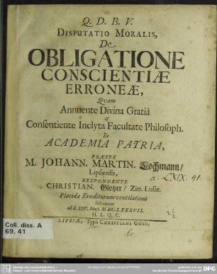 Disputatio moralis, de obligatione conscientiae erroneae