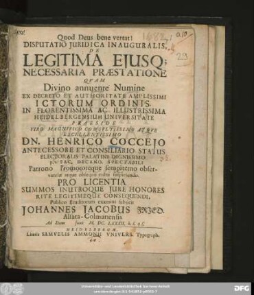 Disputatio Iuridica Inauguralis, De Legitima Eiusq[ue] Necessaria Praestatione