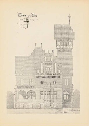 Villa: Ansicht 1:33,3, Grundriss (aus: Drucke von Seminararbeiten der Königlich Technischen Hochschule Berlin, Bd. III)