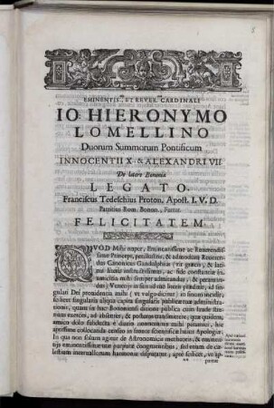 Eminentis., Et Rever. Cardinal Io: Hieronymo Lomellino.