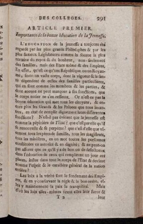 Article Premier. Importance de la bonne éducation de la Jeunesse.