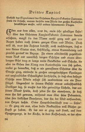 Drittes Kapitel. Enthält das Signalement des Geheimen Kanzlei-Sekretärs Tusmann, sowie die Ursache, warum derselbe vom Pferde ...
