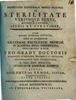 Dissertatio Inavgvralis Medico-Practica De Sterilitate Vtrivsqve Sexvs, Eivsqve Cavssis, Signis Et Cvratione