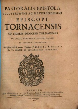 Pastoralis epistola de cultu Beatiss. Virg. Mariae