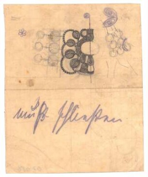 Studie eines Schmuckstücks : Brosche oder Anhänger in Filigranarbeit mit Schließe; weitere Skizze; handschriftliche Anmerkung