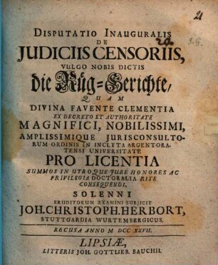 Disputatio Inauguralis De Judiciis Censoriis, Vulgo Nobis Dictis die Rüg-Gerichte