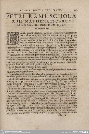 PETRI RAMI SCHOLARUM MATHEMATICARUM LIB. XXXI. IN DECIMUM QUINTUM elementorum.