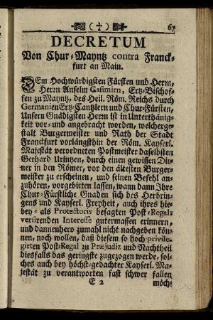 Decretum Von Chur-Mayntz contra Franckfurt an Main.