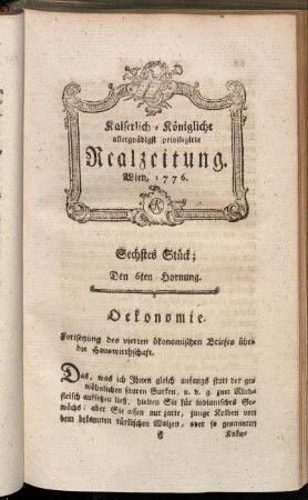 Sechstes Stück; Den 6ten Hornung. Wien 1776.