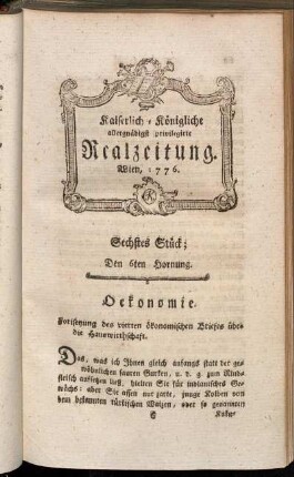 Sechstes Stück; Den 6ten Hornung. Wien 1776.