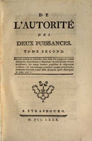 De L'Autorité Des Deux Puissances, 2