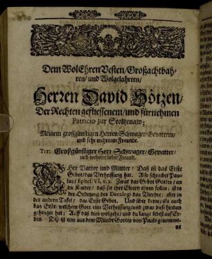 Dem Wol Ehren Vesten, Großachtbahren, und Wolgelahrten, Herren David Hötzen [...]
