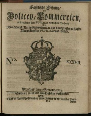 Nro. XXXVII, Montags, den 13. Septemb. 1734