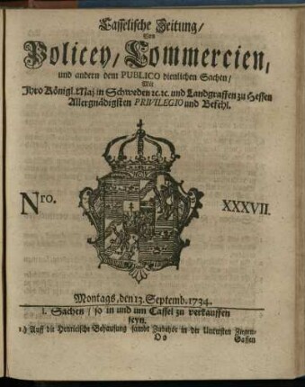 Nro. XXXVII, Montags, den 13. Septemb. 1734