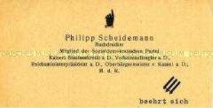 Handzettel im Layout einer Visitenkarte von Philipp Scheidemann mit Wahlpropaganda der NSDAP