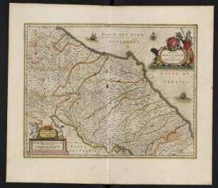 Karte von der Region Marken, Italien, ca. 1:340 000, kolorierter Kupferstich, 1645 : Marca D'Ancona olim Picenum / Ioannes Ianssonius excudit. - [Ca. 1:340.000]. - [Amsterdam] : Ioannes Ianssonius, [1645]. - 1 Kt : Kupferst ; 47 x 36 cm. - Maßstab in graph. Form (Milliaria Italica communia, Milliaria Germanica communia)