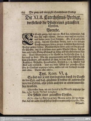 Die XLII. Catechismus-Predigt, vorstellend die Pflicht eines getaufften Christen