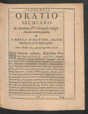 Oratio Secularis ... Ab Andrea Schatone