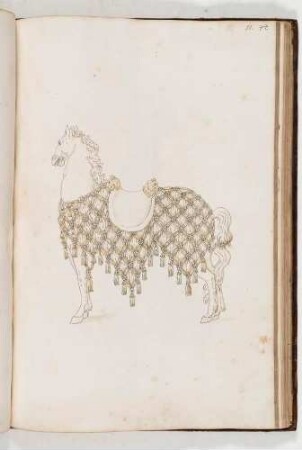 Pferd mit prunkvollem Prachtreitzeug und Sattel, in: Equestrium statuarum [...] formae [...] artificiosissime pictis, Bl. 71