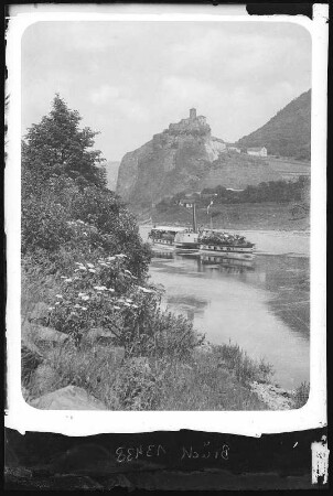 Aussig. Schreckenstein an der Elbe mit Personen-Seitenraddampfer