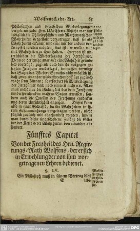 Fünfftes Capitel Von der Freyheit des Hrn. Regierungs-Rath Wolffens, der er sich in Erwehlung der von ihm vorgetragenen Lehren bedienet