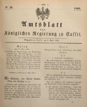 № 13. Ausgegeben zu Cassel am 6. April 1868.