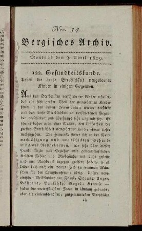 Nro. 14. Bergisches Archiv. Montags den 3. April 1809. - Nro. 15. Bergisches Archiv. Montags den 10. April 1809.