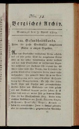 Nro. 14. Bergisches Archiv. Montags den 3. April 1809. - Nro. 15. Bergisches Archiv. Montags den 10. April 1809.