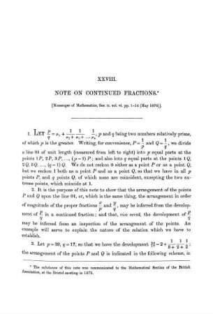 Paper XXVIII. Note on Continued Fractions.